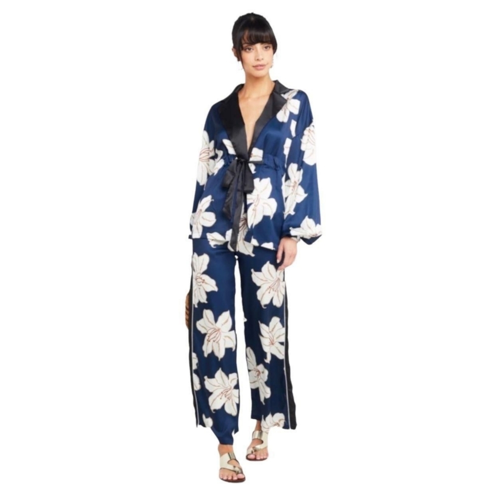Zhu Los Angeles Navy Blue Floral Long Sleeve Top and Pants, S
